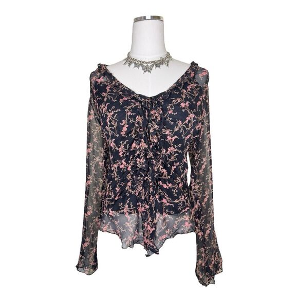Y2K Vision Apparel Silk Black + Pink Beaded Tie Floral Sheer Blouse Size Large - Picture 1 of 8